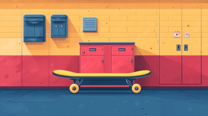 A student leans casually against a vibrant yellow school locker in a bustling corridor. Wall colors create a lively atmosphere during an afternoon break