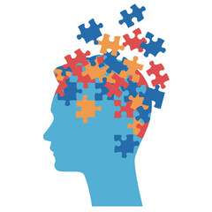 Colorful man´s head silhouette vector with puzzle pieces scattering from head symbolizing mental health awareness.
