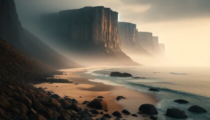 Naklejka premium A serene and expansive coastal landscape featuring towering cliffs rising steeply from the shoreline