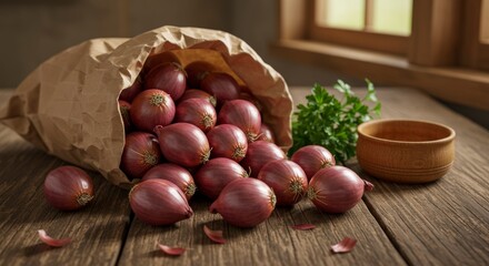 Obraz premium Shallots Spilling From Paper Bag on Rustic Wooden Table with Herbs