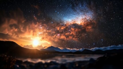 Breathtaking Cosmic Landscape with Starry Sky and Mountain Sunset