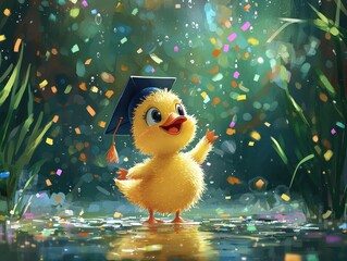 A cheerful, animated duckling wearing a graduation cap celebrates amidst colorful confetti in a vibrant, whimsical setting.
