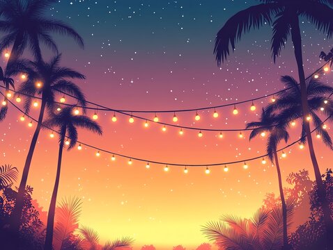 Tropical Palm Tree Sunset with String Lights and Starry Sky