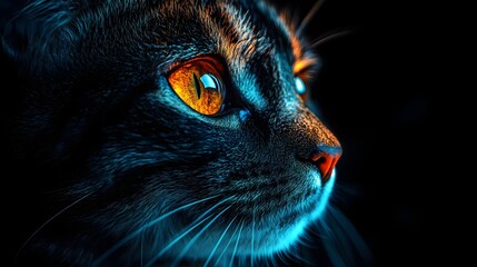 A realistic digital painting of a neon cat, glowing vibrantly with futuristic lighting effects.Concepts : Futurism, cyberpunk, technology, digital art, night glow, creativity, neon aesthetics, gaming,