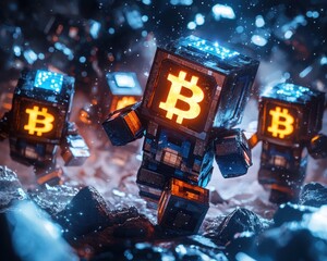 Futuristic, animated characters resembling Bitcoin miners navigate a rocky terrain, illuminated by glowing Bitcoin symbols in a vibrant, digital landscape.