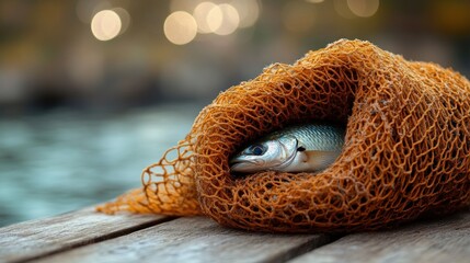 Freshly caught fish in an orange fishing net on a wooden dock.