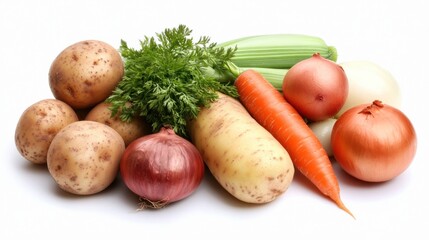 Assorted fresh vegetables.  A collection of potatoes, carrots, onions, and other root vegetables, ready for cooking or eating