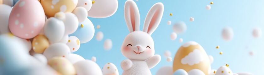 Cute Easter Bunny with Pastel Colored Eggs and Flowers on Blue Background