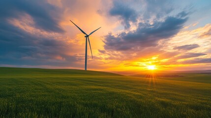 Obraz premium Majestic wind turbine in vibrant sunset evokes sustainability
