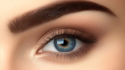 Obraz premium Close-up of a woman's blue eye with perfectly shaped eyebrows and makeup.