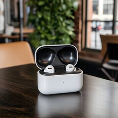 White earbuds case cafe table, city view background, product shot