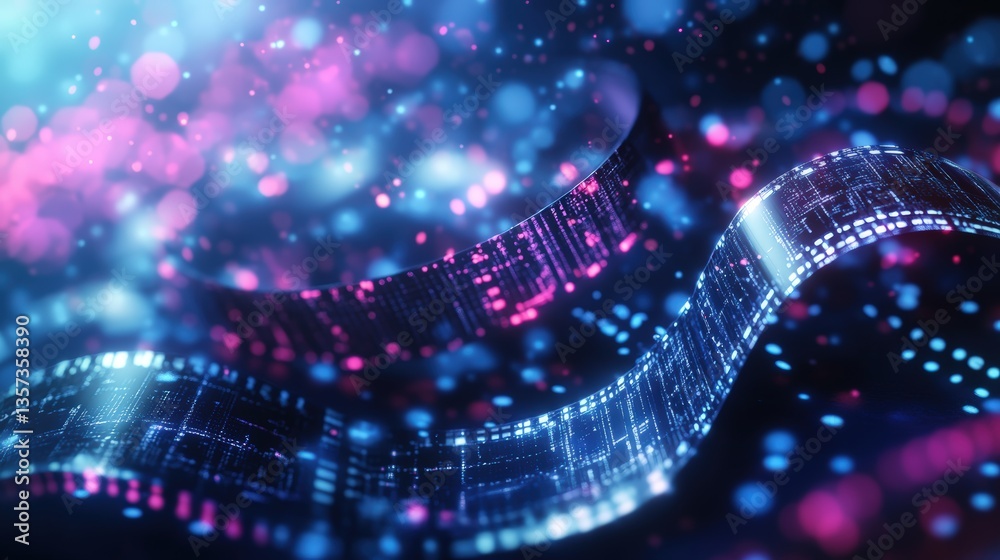 Poster abstract digital artwork of a glowing swirling ribbon of data points and circuits with bokeh lights 