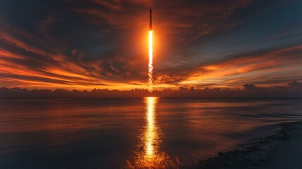 A stunning rocket launches from a coastal site at sunset, reflecting a brilliant glow on the calm water below, marking a significant moment in space exploration.