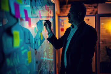 Manager strategizing on a whiteboard with colorful charts and sticky notes, dynamic discussion