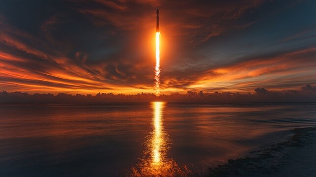 A stunning rocket launches from a coastal site at sunset, reflecting a brilliant glow on the calm water below, marking a significant moment in space exploration.
