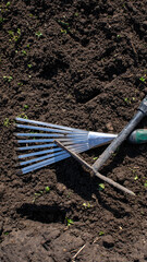 Gardening tools on rich soil, spring cultivation concept, sustainable farming, outdoor agriculture essentials