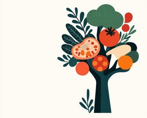 An imaginative vegetarian cookbook cover, emphasizing sustainability and balance in every dish