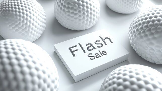 A promotional "Flash Sale" card surrounded by white golf balls, emphasizing a marketing theme related to sports or leisure activities.