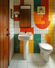 Mid-century modern bathroom with colorful tiles, vintage fixtures, and clean, simple lines