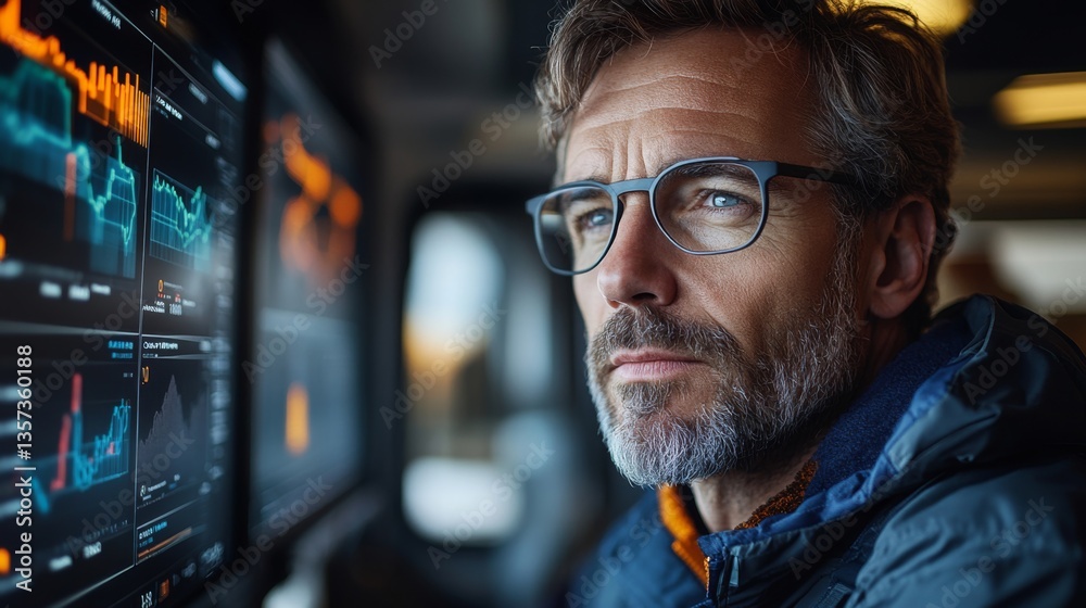 Poster Logistics manager focuses on data analysis in warehouse environment, using advanced monitoring systems to enhance shipping efficiency and inventory management during operations.