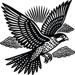 Obraz premium Black and white vector tattoo design features an eagle silhouette with tribal wings, an artistic bird illustration