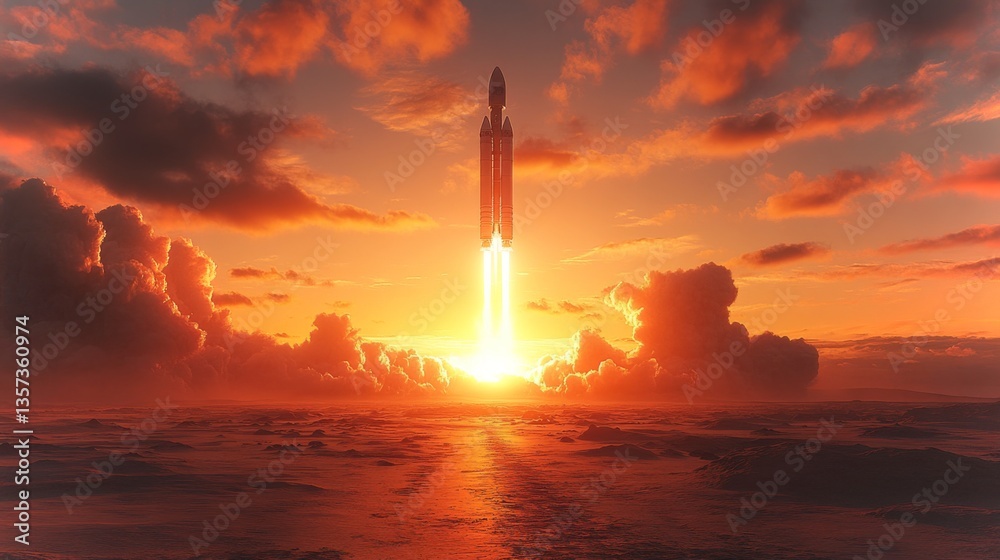 Poster a large rocket ascends powerfully against a vibrant sunset, with engines igniting bright rays as it 