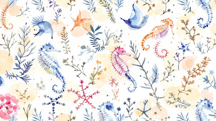 Seamless watercolor pattern of hand drawn nautilus shells and smooth sea pebbles on a white background, Watercolor pattern shells on white background