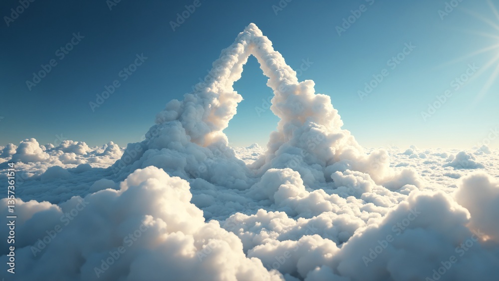 Poster surreal triangle shape floating amidst soft white clouds in a beautiful sky with light blue hues and