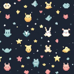 Seamless pixel-art baby pattern featuring playful pixelated animals, stars, and hearts in a nostalgic retro video game style Generative AI