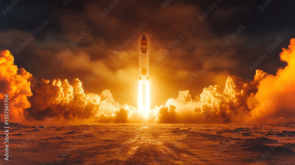 Aufkleber a massive rocket ascends into the atmosphere, surrounded by billowing clouds of smoke and fiery exha