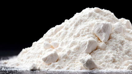 Close-Up of Finely Ground White Flour Pile on Black Background