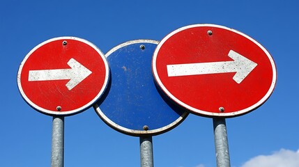 Three weathered directional signs against a clear blue sky; red, blue, and white.