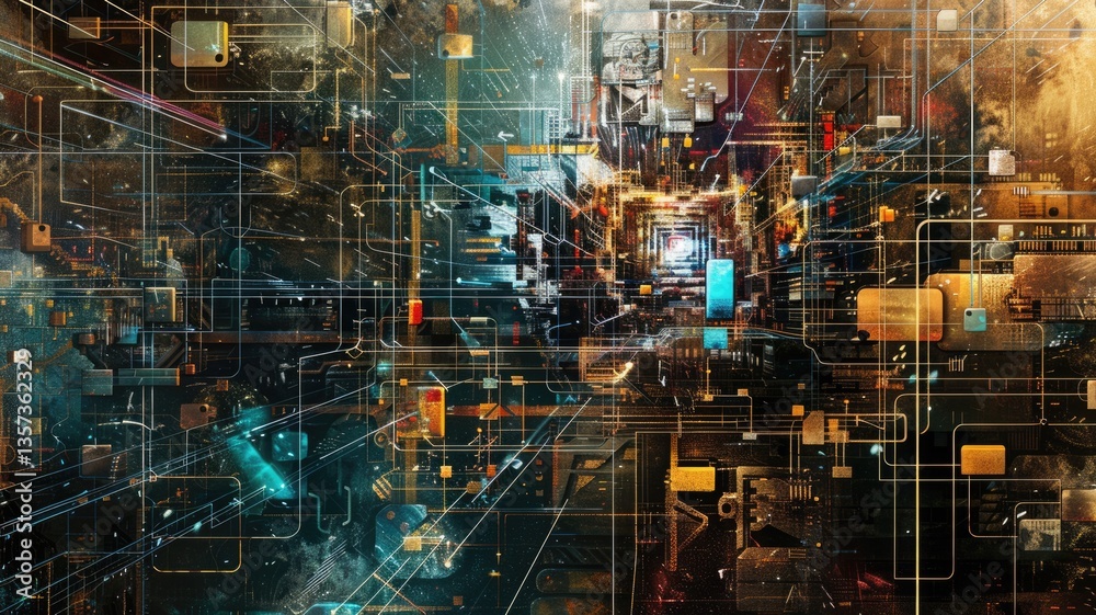 Poster abstract of digital shape and particle with horror cyber style design connecting become system shape
