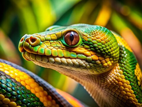 Green, Brown, Yellow Python Snake Portraits: Close-up Reptile Photography
