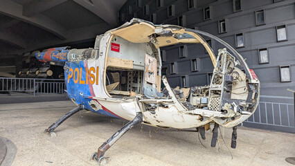 Police helicopter damaged during tsunami at Museum Tsunami Aceh in Banda Aceh, Indonesia