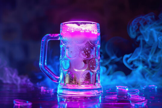Neon beer mug glowing under ultraviolet light, futuristic party vibe - Powered by Adobe