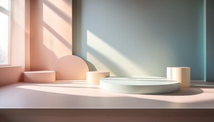 Blank pastel product display backdrop template with lights and shadows from window. Generated image