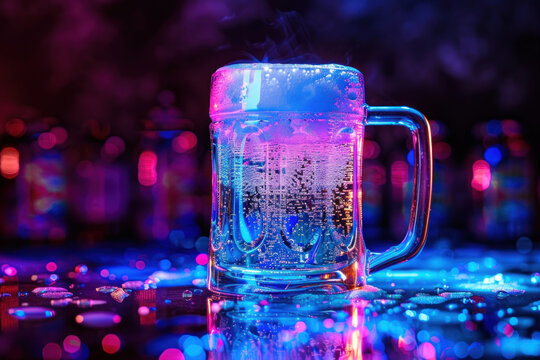 Neon beer mug glowing under ultraviolet light, futuristic party vibe - Powered by Adobe
