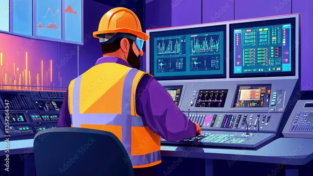 Poster Construction Worker Operating Control Room with High-Tech Monitors Displaying Data and Graphs in a Modern Environment