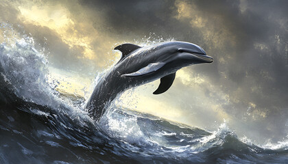 Fototapeta premium Playful Dolphin Leaping From Water. A black Lagernohynchus ob dolphin leaping energetically out of the ocean, showcasing its agility and grace in mid-air