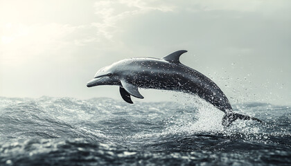 Playful Dolphin Leaping From Water. A black Lagernohynchus ob dolphin leaping energetically out of the ocean, showcasing its agility and grace in mid-air