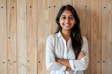 Portrait of a cheerful indian woman in her 20s with arms crossed isolated on light wood minimalistic setup