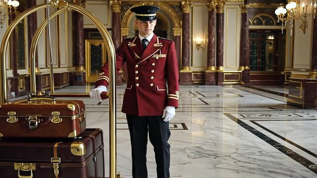 Hotel bellboy pushing the luggage cart.
