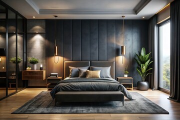 Stylish Black Bedroom Interior Design - Modern Minimalist Portrait Photography