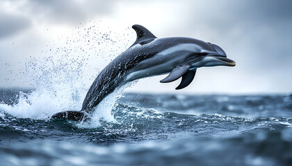 Fototapeta premium Playful Dolphin Leaping From Water. A black Lagernohynchus ob dolphin leaping energetically out of the ocean, showcasing its agility and grace in mid-air