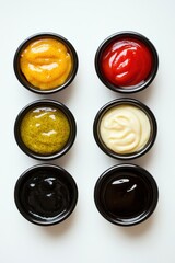 Assortment of Colorful Condiments in Small Black Bowls on a Clean White Surface Overhead Shot Food Photography