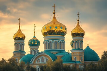 Golden domes of orthodox church at sunset with dramatic sky and architectural details