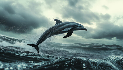 Obraz premium Playful Dolphin Leaping From Water. A black Lagernohynchus ob dolphin leaping energetically out of the ocean, showcasing its agility and grace in mid-air