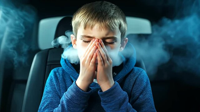A boy sits in the back seat of a car, pressing his hands against his nose and mouth while smoke from the front seat drifts toward him, emphasizing the risks of passive smoking in e