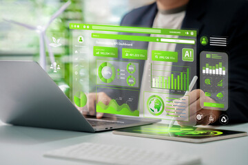 Sustainability KPI Dashboard concept. Businessman analyze sustainability investment with KPI...